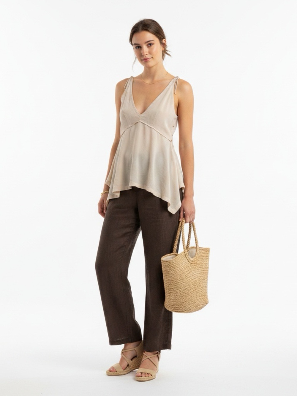 DOROTHEE SCHUMACHER Silky Lightness  Top NWT Sand Beige Peplum Tie Size 4/US L